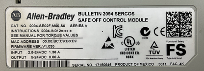 ALLEN BRADLEY 2094-BM01-M AXIS POWER 2094-SE02F-M00-S0 SAFE OFF FW VER V1.035