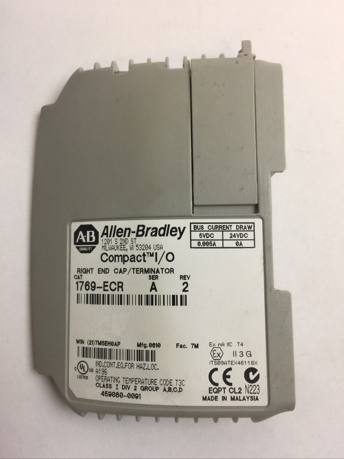 ALLEN BRADLEY 1769-ECR I/O RIGHT END CAP/TERMINATOR SER A REV 2 24VDC