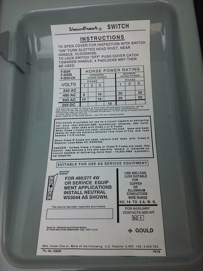 ITE GOULD F352H, ENCLOSED SWITCH, 60A, 600V, FUSIBLE, TYPE 12, 3PH, 30 MAX H.P.
