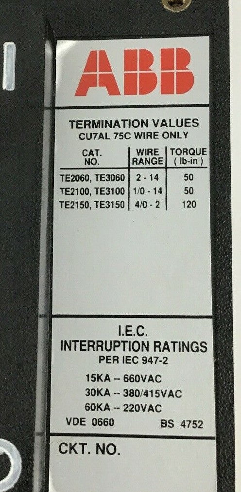 ABB UXAB 727131 R 105 25AMP CIRCUIT BREAKER 500VDC 3POLE TYPE ES 480VAC