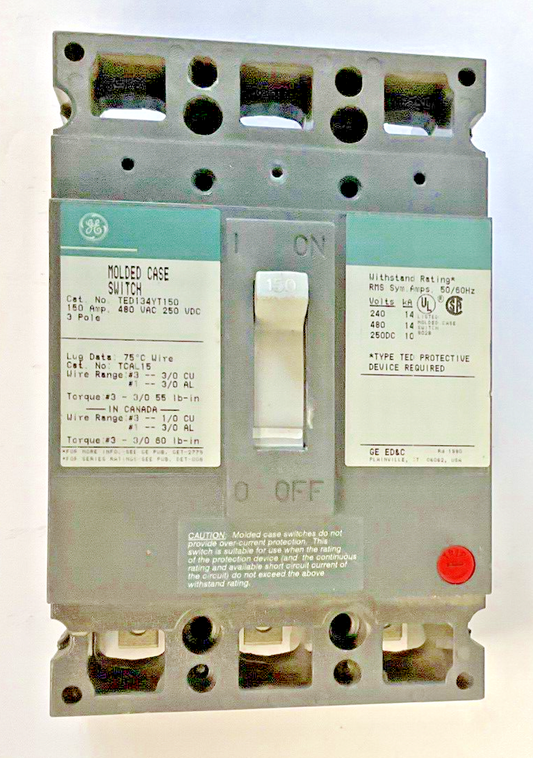 GE TED134YT150 CIRCUIT BREAKER 150A 480VAC 250VDC 3POLE WITHOUT TRIP