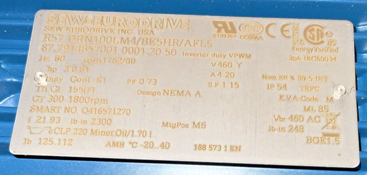 SEW-EURO DRIVE R57 DRN100LM4/BE5HR/AFL5 GEAR MOTOR 1762/30RPM 460V 60HZ 4.20A