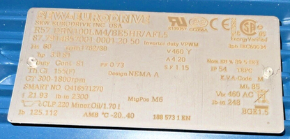 SEW-EURO DRIVE R57 DRN100LM4/BE5HR/AFL5 GEAR MOTOR 1762/30RPM 460V 60HZ 4.20A