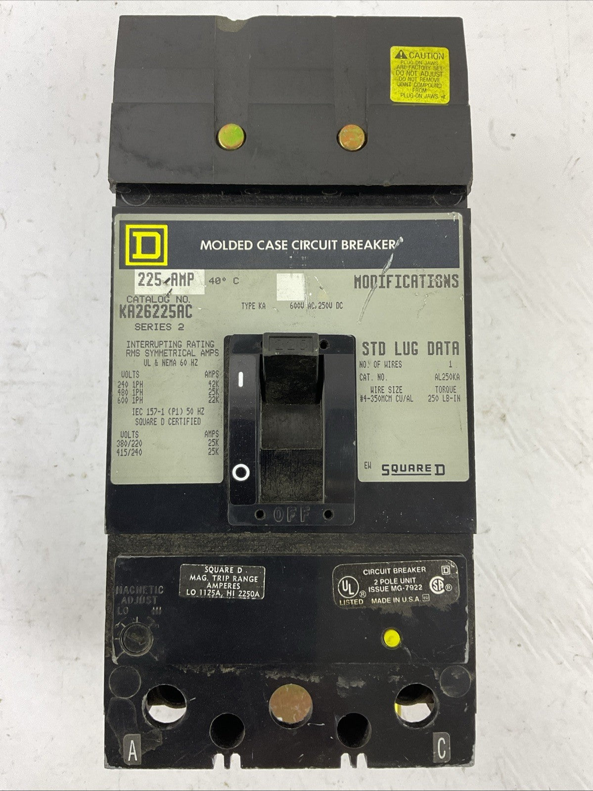 SQUARE D KA26225AC MOLDED CASE CIRCUIT BREAKER 225A 600VAC 2POLE