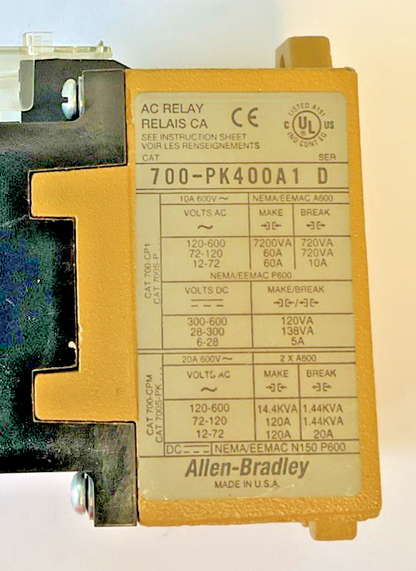 ALLEN BRADLEY 700-PK400A1 AC RELAY SER.D  10A 600VAC