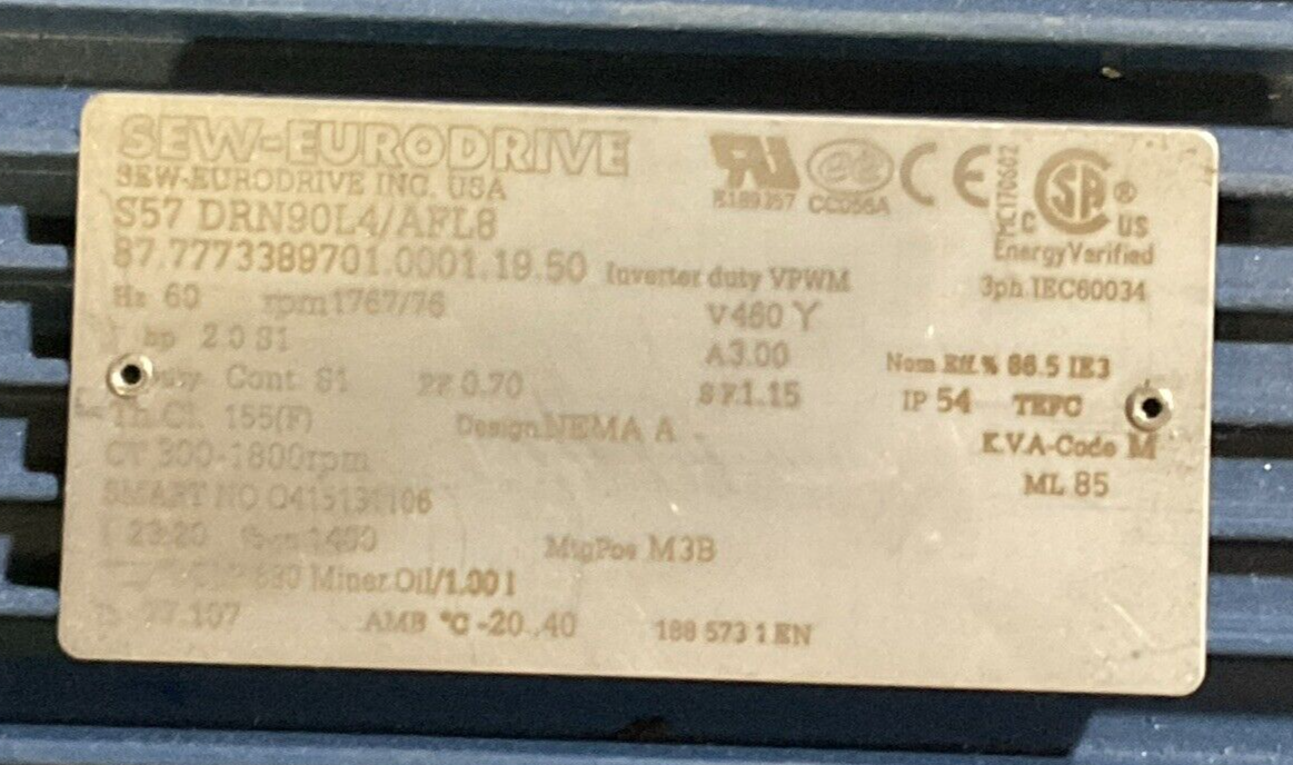 SEW-EURODRIVE S57 DRN90L4/AFL8 GEAR MOTOR HZ 60 rpm 1767/76 V460 Y