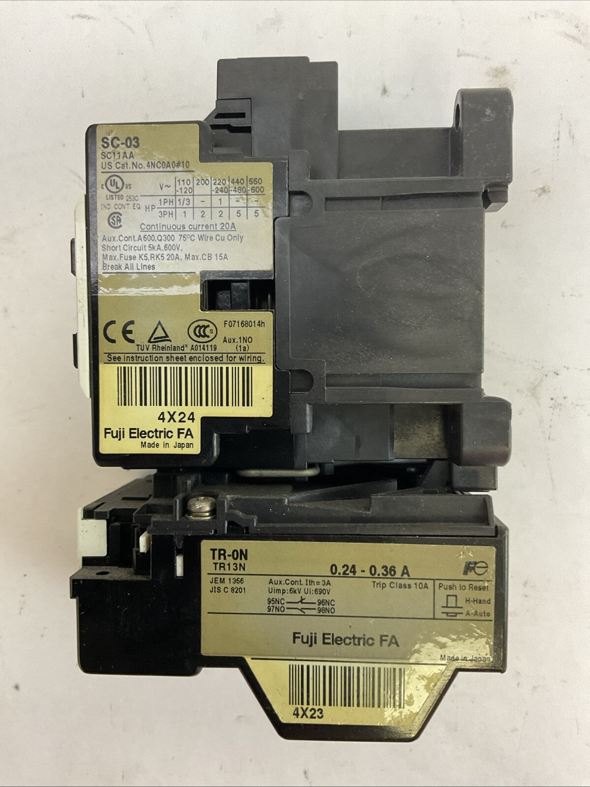 FUJI STARTER (SC-03 CONTACTOR 600VAC 20A 5HP COIL 100-110V TR-0N RELAY .24-.36A)
