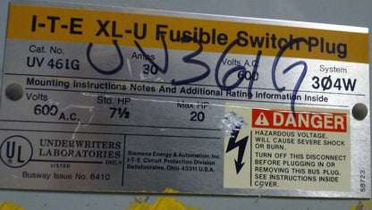 Siemens I-T-E XL-U Fusible Switch Plug UV461G - 30 Amp, 600 V (UV 461G)