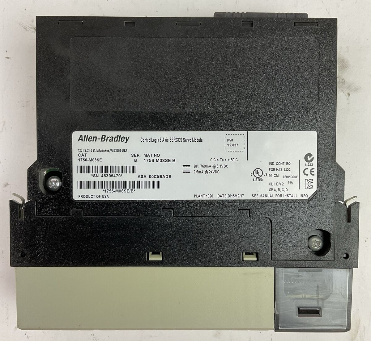 ALLEN BRADLEY 1756-M08SE SER B FW 15.037 CONTROL LOGIX 8 AXIS SERCOS SERVO MOD