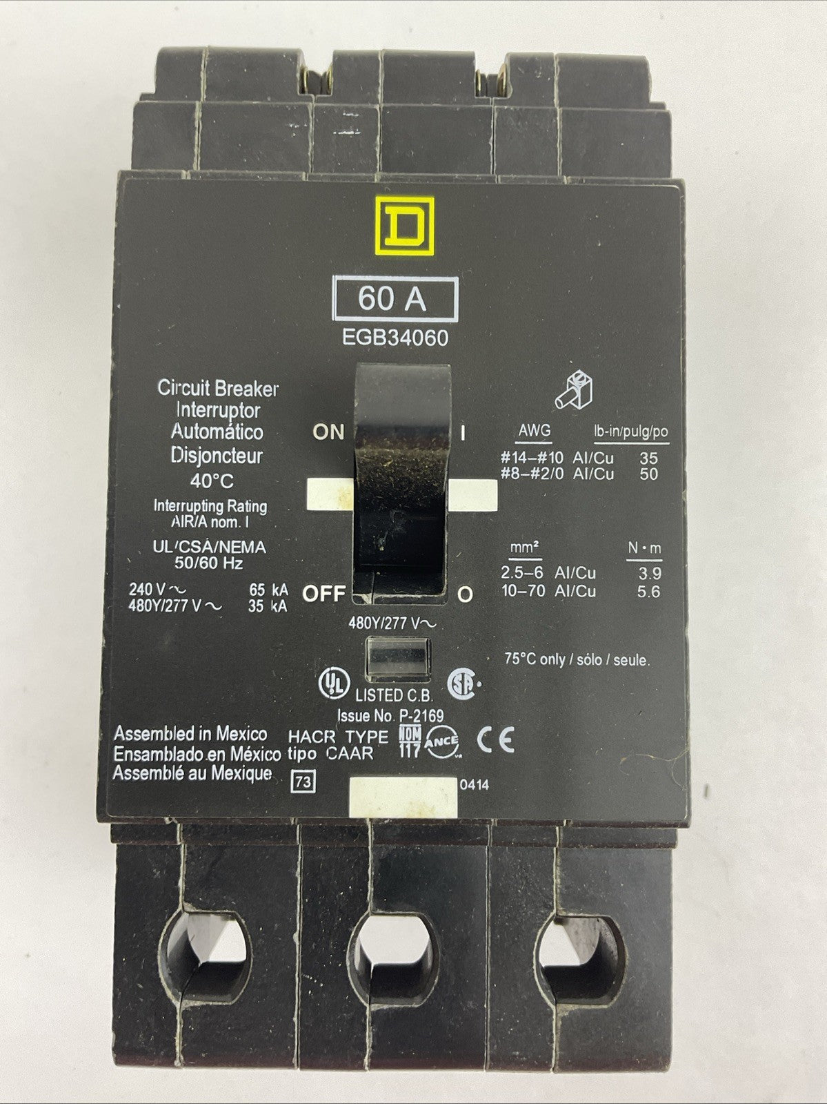SQUARE D EGB34060 CIRCUIT BREAKER 60AMP 3POLE 240VAC 480Y/277VAC