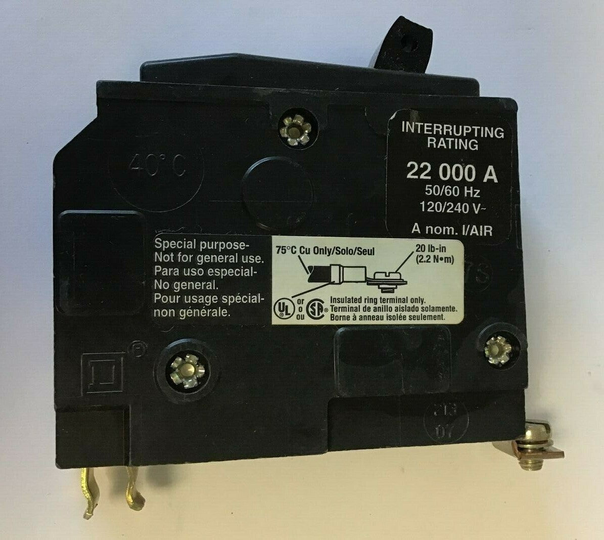 SQUARE D QOB110VH5237 CIRCUIT BREAKER 10A 120/240VAC 50/60HZ