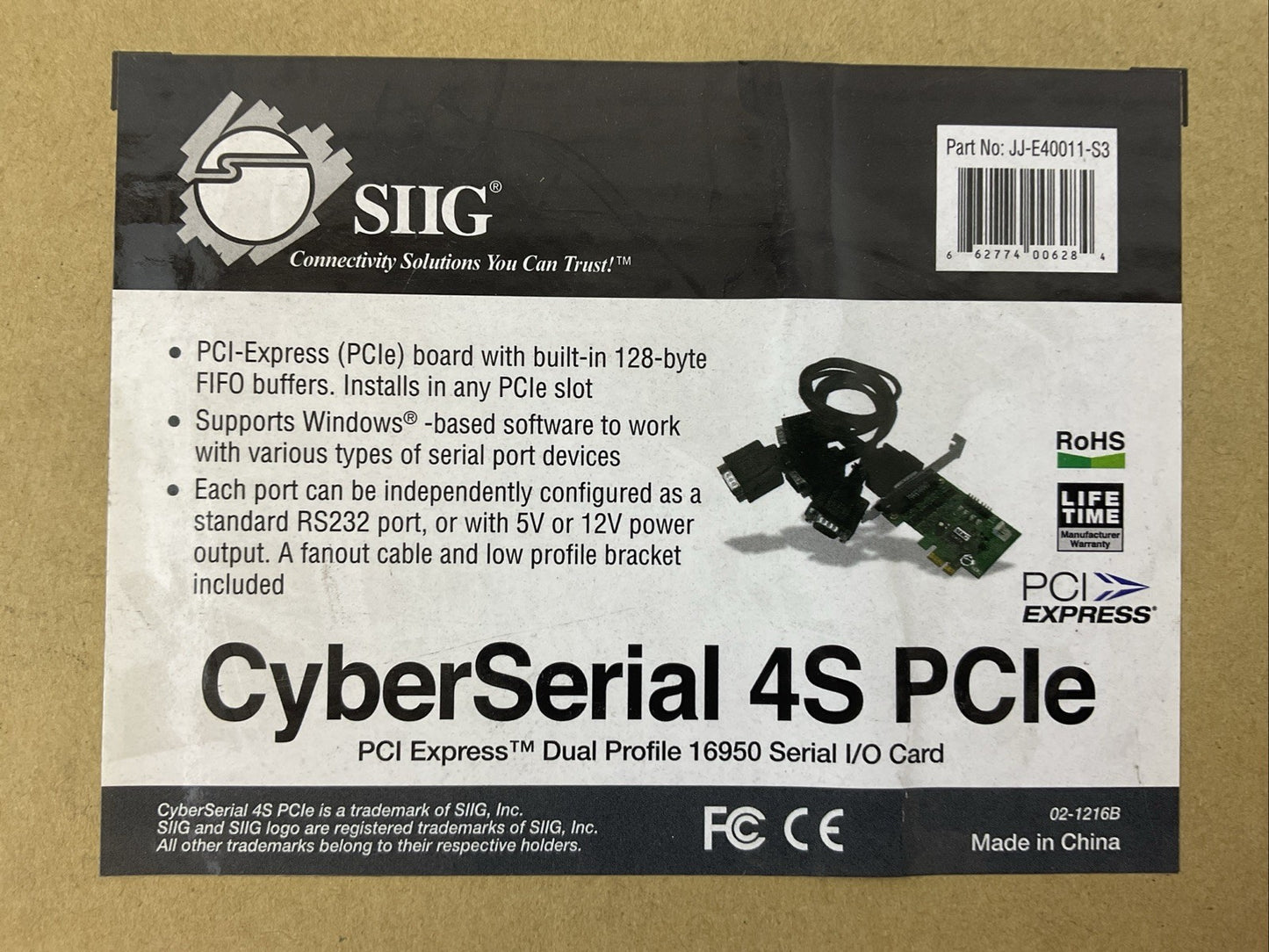 SIIG JJ-E40011-S3 CYBERSERIAL 4S PCle SERIAL I/O CARD E326765