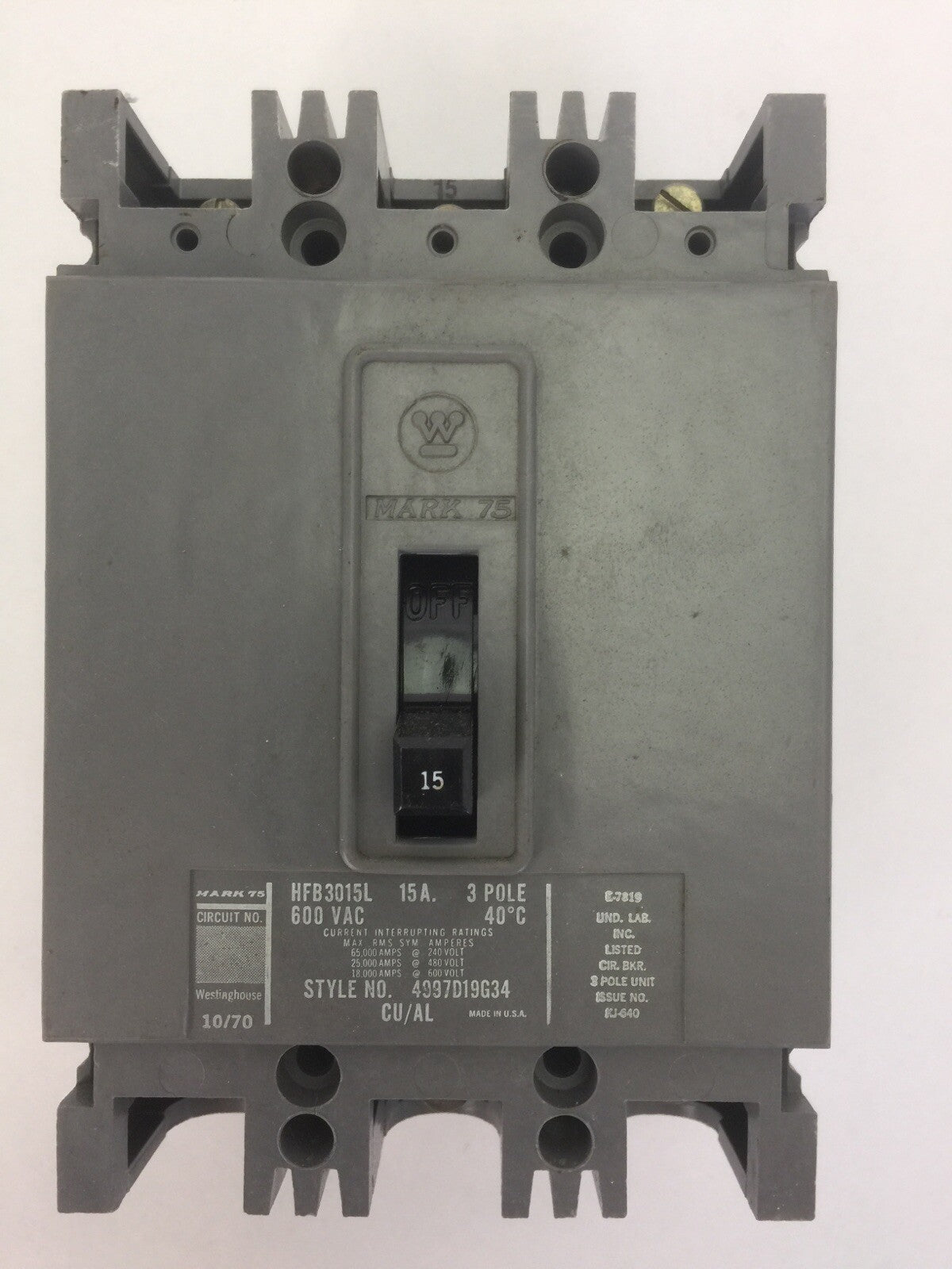 WESTINGHOUSE HFB3015L AB DE-ION CIRCUIT BREAKER 15A 600VAC 3POLE 4997D19G34