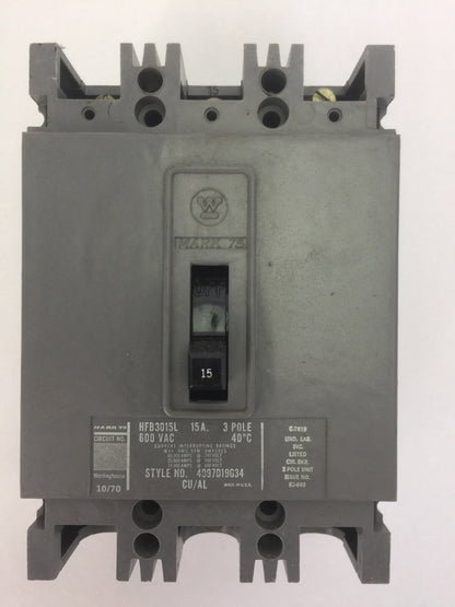 WESTINGHOUSE HFB3015L AB DE-ION CIRCUIT BREAKER 15A 600VAC 3POLE 4997D19G34