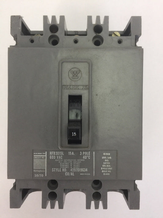 WESTINGHOUSE HFB3015L AB DE-ION CIRCUIT BREAKER 15A 600VAC 3POLE 4997D19G34