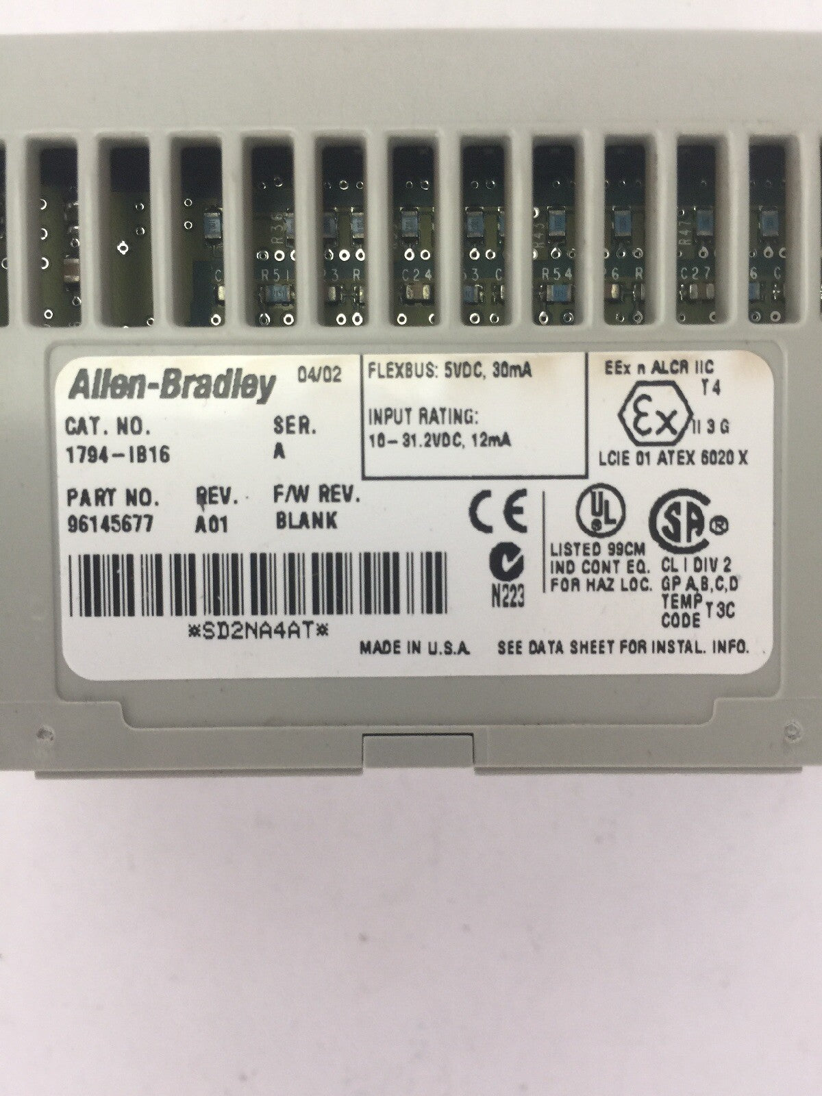 ALLEN BRADLEY 1794-IB16 24VDC SINK INPUT MODULE SER A REV A01 F/W REV BLANK