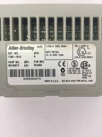 ALLEN BRADLEY 1794-IB16 24VDC SINK INPUT MODULE SER A REV A01 F/W REV BLANK