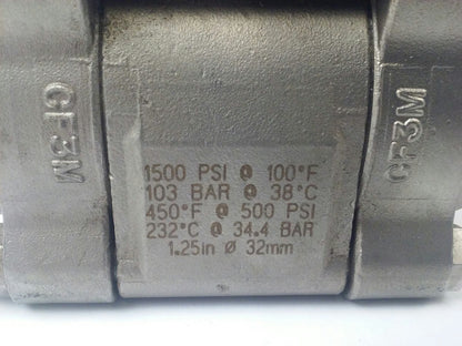 SWAGELOCK SS-67PF24 BALL VALVE 1500 PSI@100F, 103 BAR@38C, 450F@ 500PSI, 1.25in