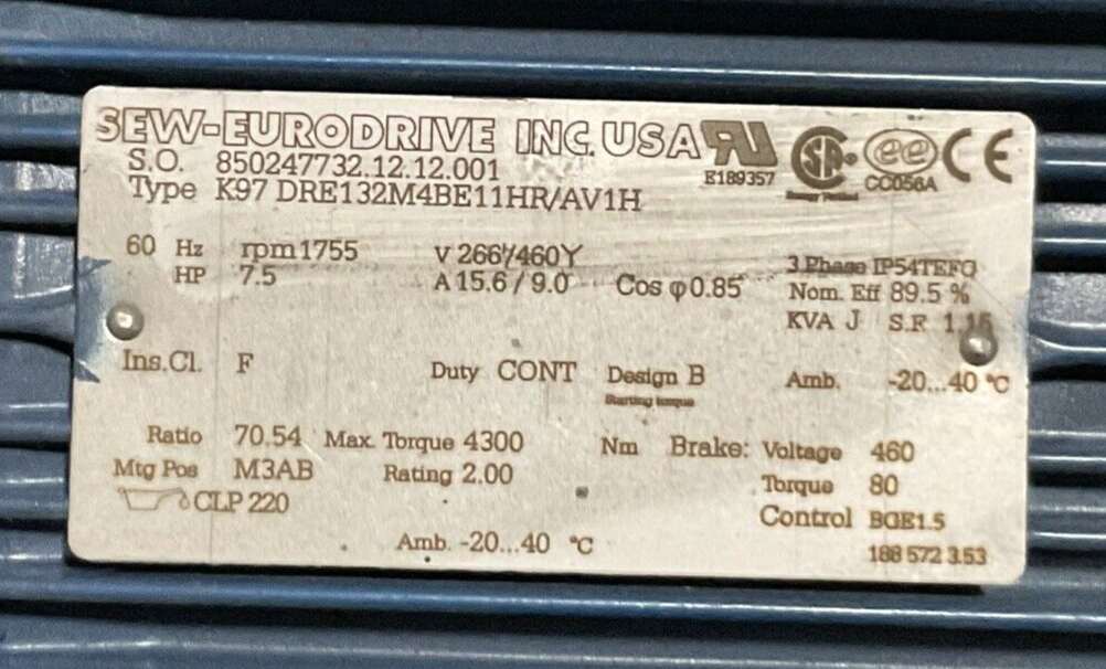 SEW-EURODRIVE K97 DRE132M4BE11HR/AV1H GEAR MOTOR HZ 60 rpm 1755 V266/460Y