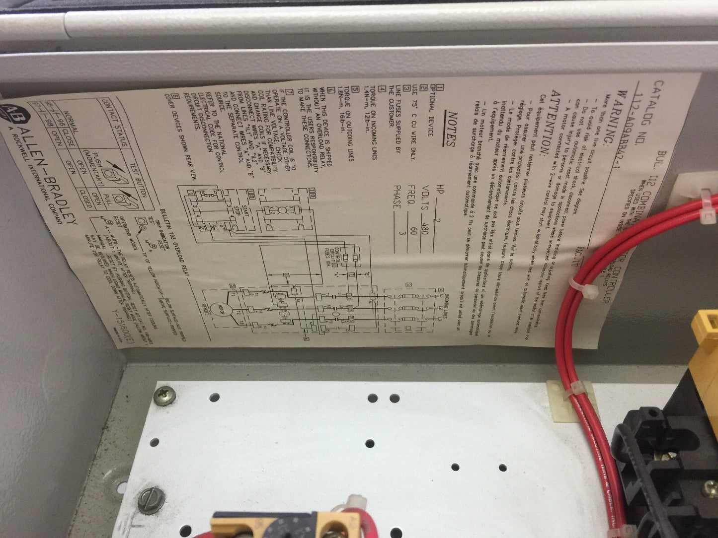 ALLEN BRADLEY 198-E14A08A07 MOTOR CONTROL 480V 2HP 198-M14P08T 112-A09ABB42-1