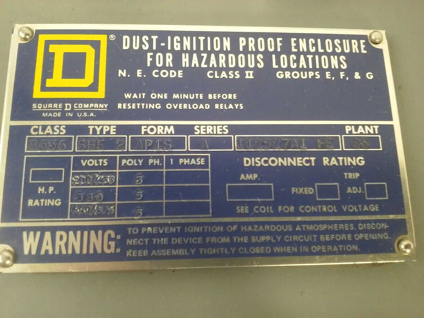 SQUARE D CLASS 8536 TYPE SBE2 8536-SBE2 DUST IGNITION PROOF ENCLOSURE START/STOP