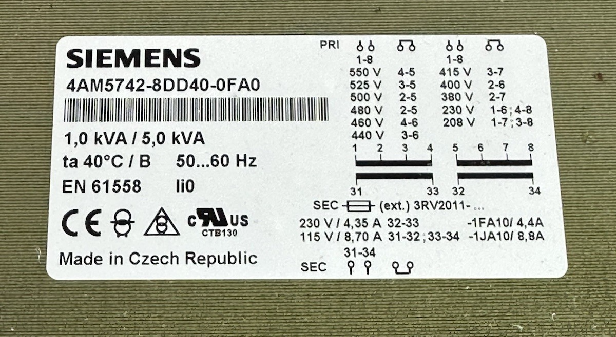 SIEMENS 4AM5742-8DD40-0FA0 1-5 KVA, MULTI TAP PRI. 208-550V SEC. 115V/230V 1PH