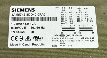 SIEMENS 4AM5742-8DD40-0FA0 1-5 KVA, MULTI TAP PRI. 208-550V SEC. 115V/230V 1PH