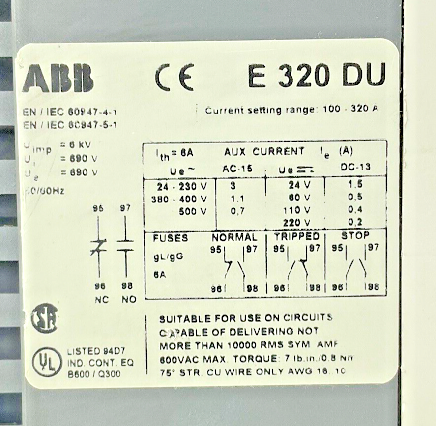 ABB E320DU OVERLOAD RELAY 320A 50/60HZ 690V