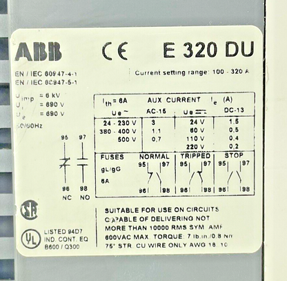 ABB E320DU OVERLOAD RELAY 320A 50/60HZ 690V