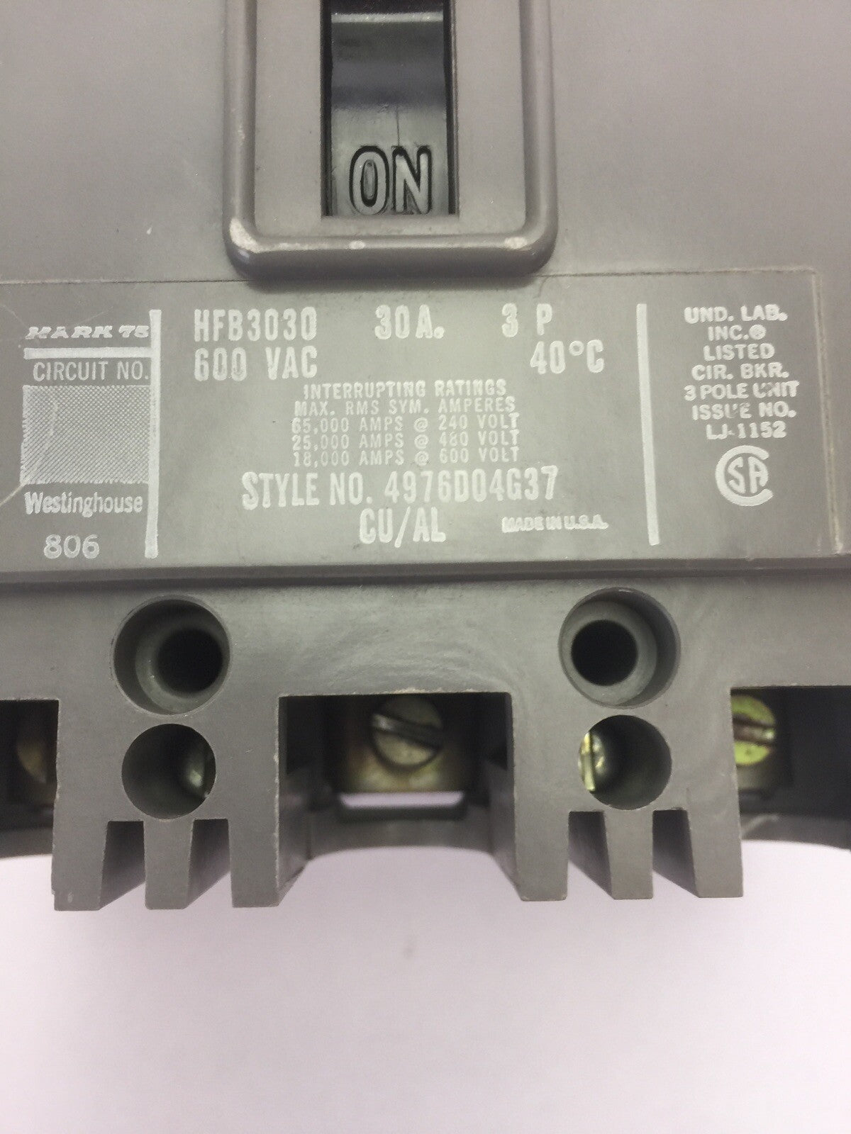 WESTINGHOUSE HFB3030 AB DE-ION CIRCUIT BREAKER 30A 600VAC 3 POLE 4976D04G37