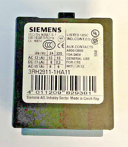 SIEMENS 3RH2911-1HA11 AUXILIARY SWITCH BLOCK 10A 240V