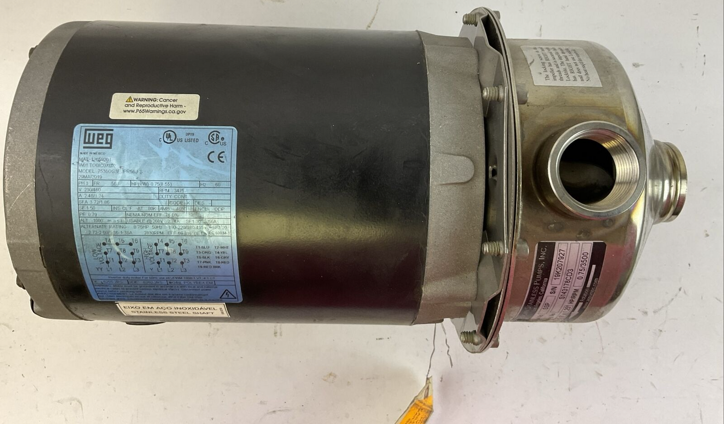 AMERICAN STAINLESS PUMPS INC SSP S143178CD3 SIZE 1.0" X 1.25" HP/RPM 0.75/3500