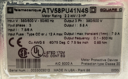 TELEMECANIQUE ATV58PU41N4S AC DRIVE 380/500V V3.