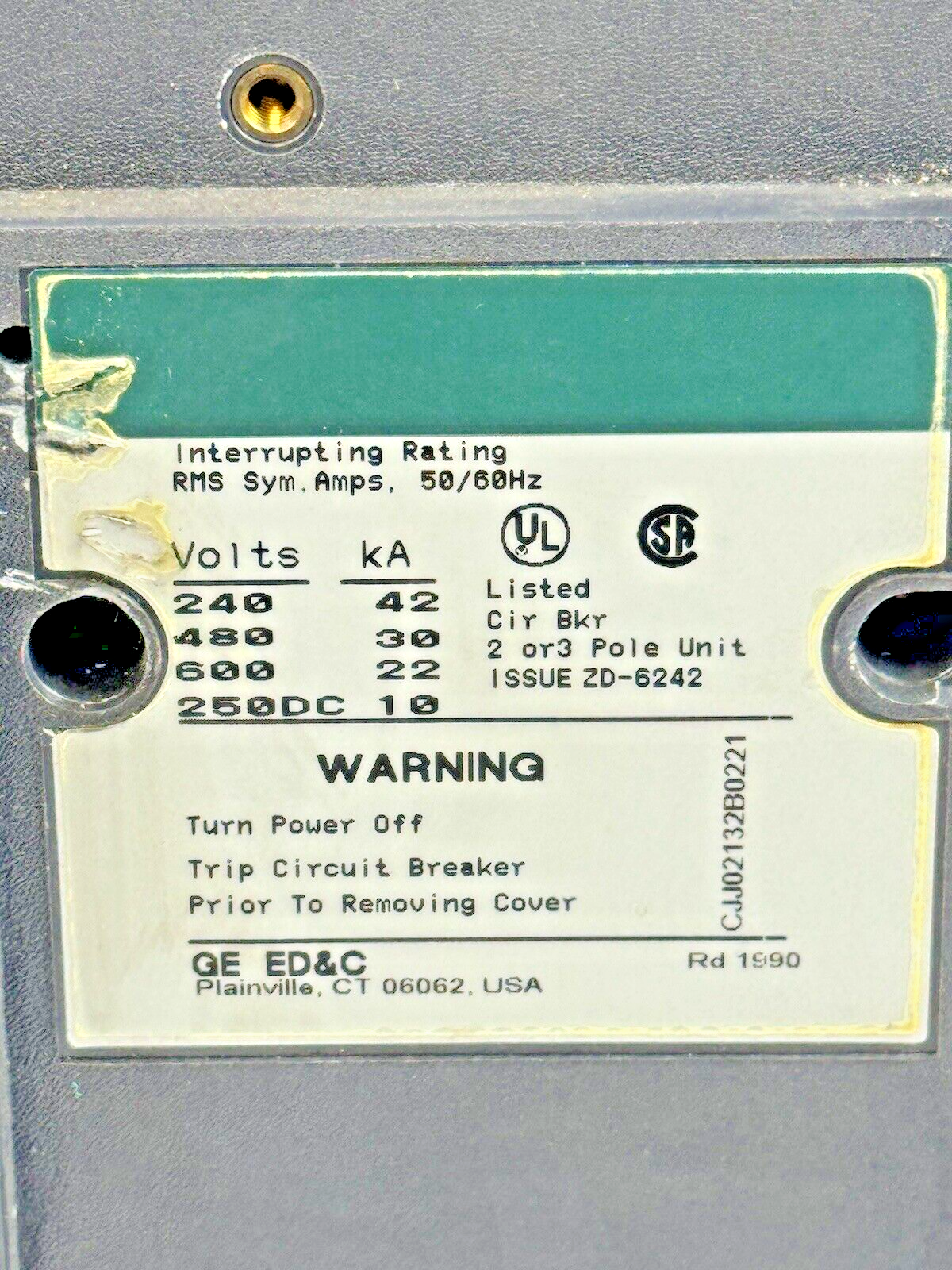 GE - TJJ436250 - IND. CIRCUIT BREAKER W/ 250A TRIP UNIT - 3 POLE/600 VAC/250A
