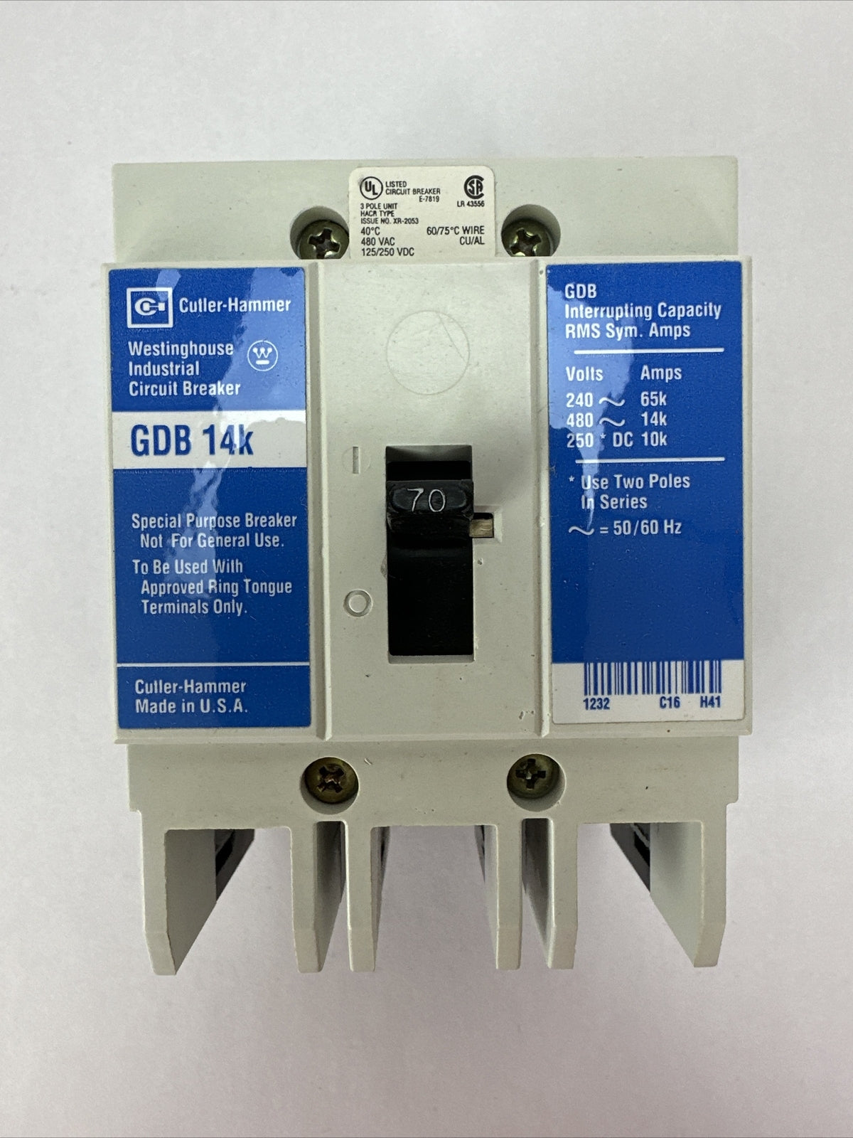 WESTINGHOUSE GDB3070D GDB 14K CIRCUIT BREAKER 70AMP 480VAC 250VDC 3P 4D12216G10