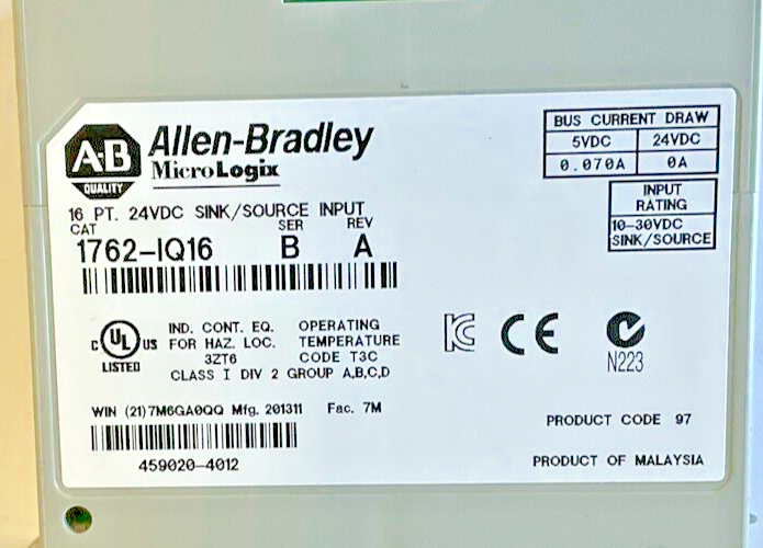 ALLEN BRADLEY 1762-IQ16 SINK/SOURCE INPUT SER.B REV.A 24VDC
