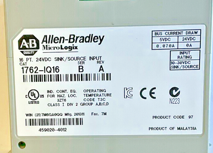 ALLEN BRADLEY 1762-IQ16 SINK/SOURCE INPUT SER.B REV.A 24VDC
