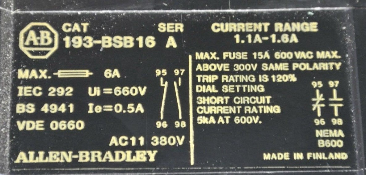 ALLEN-BRADLEY 193-BSB16 Ser. A  BIMETALLIC OVERLOAD RELAY 1.1-1.6A / NEW SURPLUS