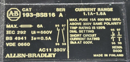 ALLEN-BRADLEY 193-BSB16 Ser. A  BIMETALLIC OVERLOAD RELAY 1.1-1.6A / NEW SURPLUS