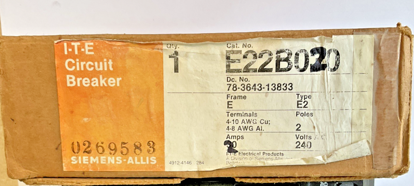 SIEMENS E22B020 CIRCUIT BREAKER FRAME E2 240VAC 2POLE 20AMP