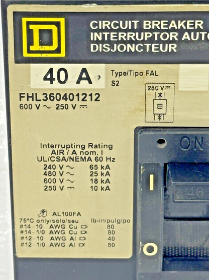 SQUARE D  FHL360401212 MAG-GARD CIRCUIT BREAKER W/ AUX 40A 3POLE 600VAC