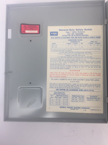 FPE H3632SN FUSIBLE SAFETY SWITCH 240VAC 250VDC 60AMP 15HP 3PH 3 POLE TYPE 1