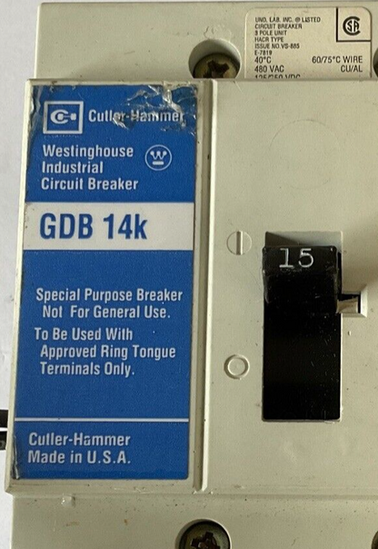 WESTINGHOUSE GDB 14K CIRCUIT BREAKER 15A 480VAC 3POLE 50/60HZ GDB3015DS1
