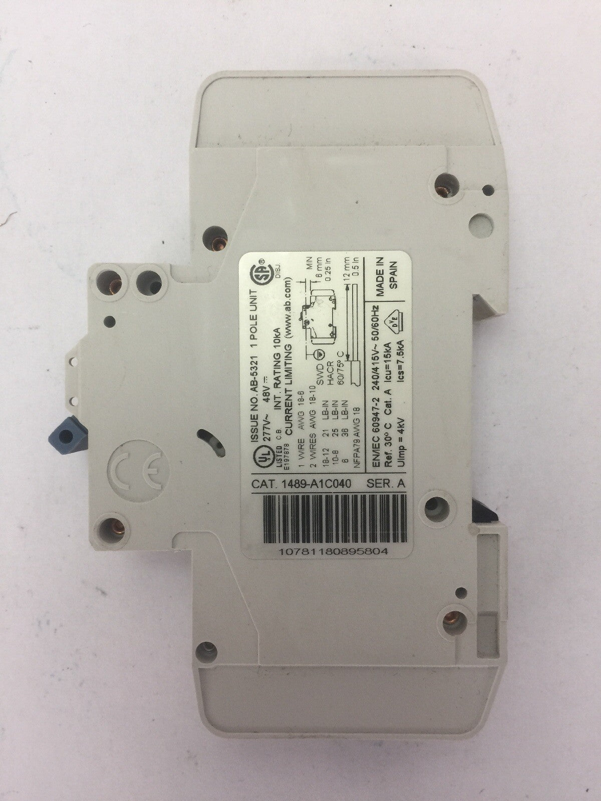 ALLEN BRADLEY 1489-A1C040 CIRCUIT BREAKER SER A 277VAC 48VDC 4A 1 POLE