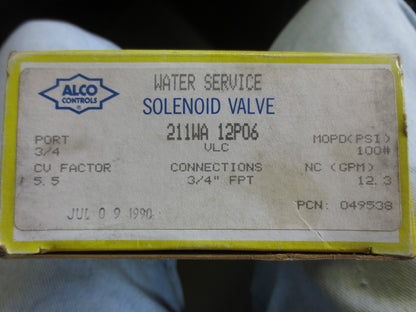 ALCO CONTROLS 211WA 12P06 WATER SERVICE SOLENOID VALVE 3/4' 12.3 GPM NEW SURPLUS