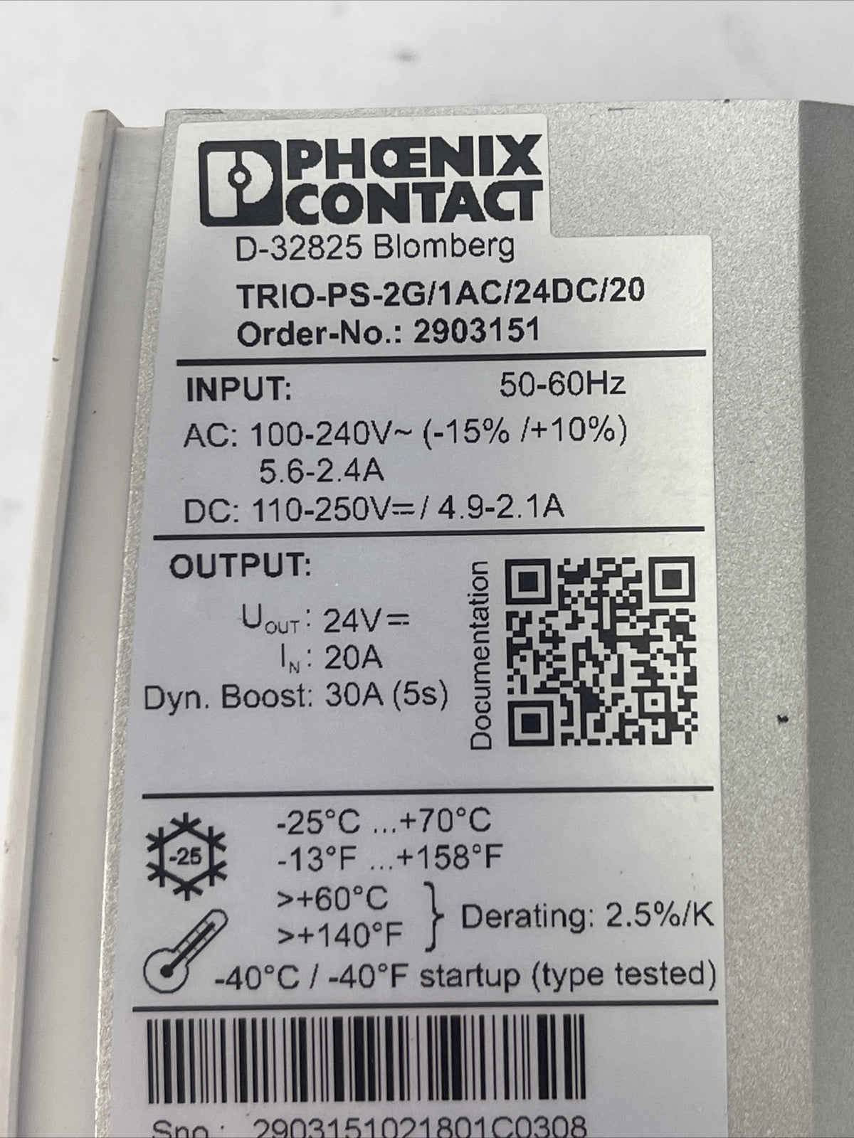 PHOENIX CONTACT TRIO-PS-2G/1AC/24DC/20 POWER SUPPLY OUTPUT 24VDC 20A INPUT