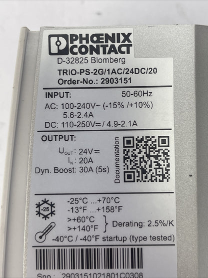 PHOENIX CONTACT TRIO-PS-2G/1AC/24DC/20 POWER SUPPLY OUTPUT 24VDC 20A INPUT