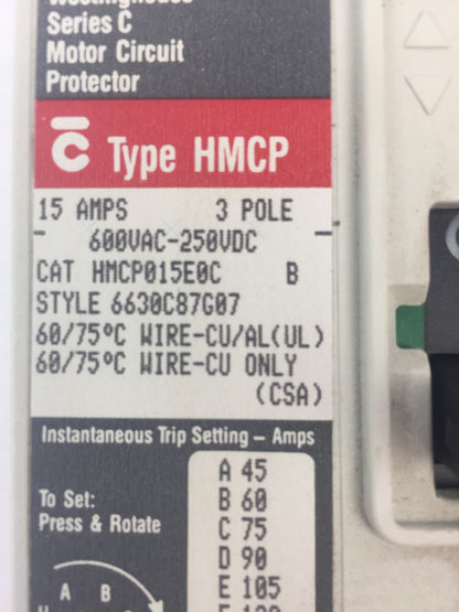 WESTINGHOUSE HMCP015E0C MOTOR CIRCUIT PROTECTOR 15 AMP 3 POLE 600VAC 250VDC