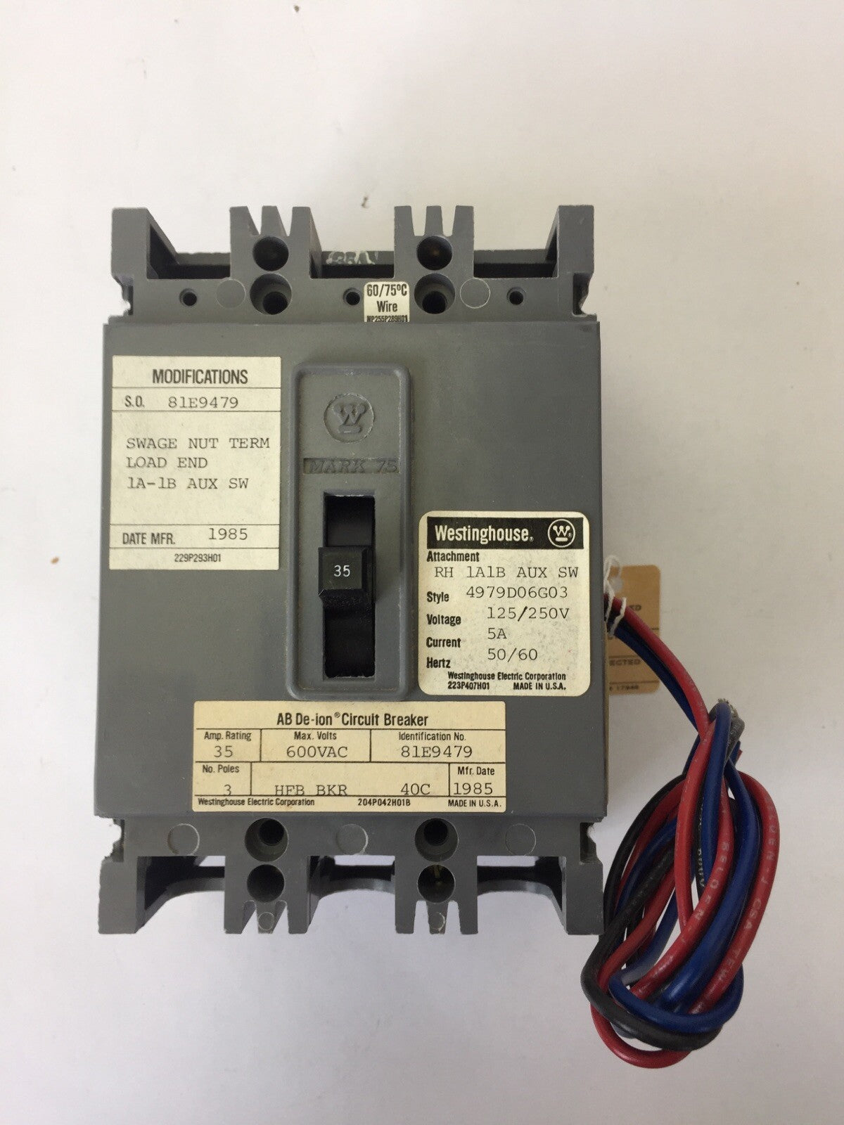 WESTINGHOUSE HFB3035 AB DE-ION CIRCUIT BREAKER 35AMP 600VAC 3POLE 4979D06G03