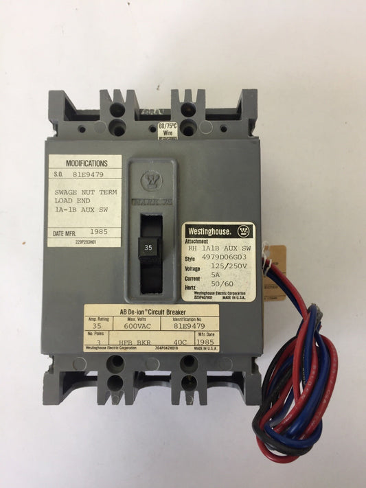 WESTINGHOUSE HFB3035 AB DE-ION CIRCUIT BREAKER 35AMP 600VAC 3POLE 4979D06G03